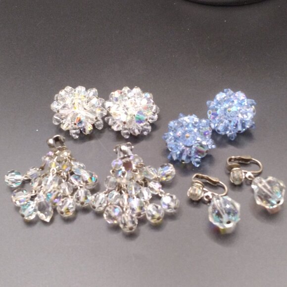 4 pairs of Crystal Clip Earrings Waterfall,blue crystals AB Drop - Picture 1 of 5
